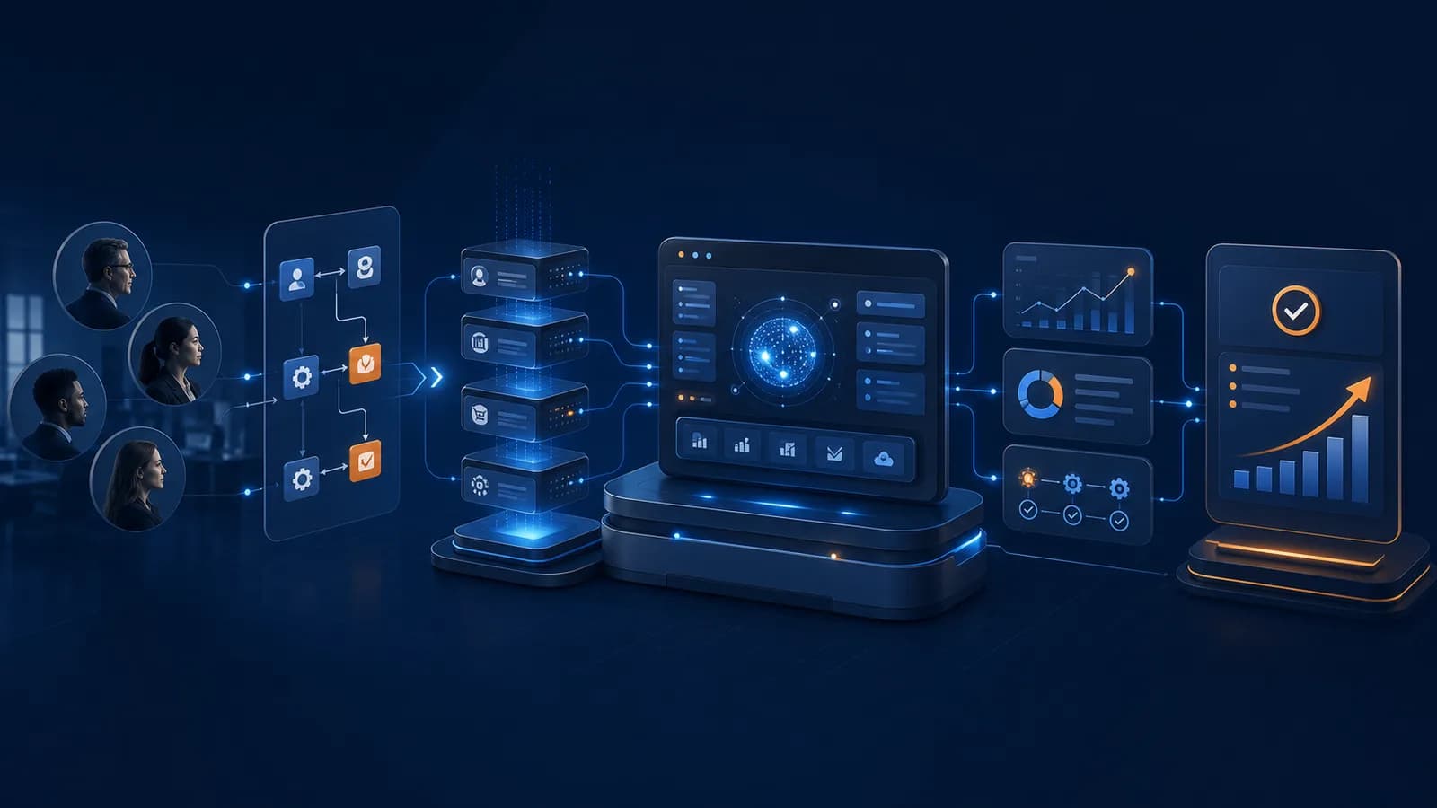 Ecosistema empresarial impulsado por IA conectando operaciones, datos y automatización
